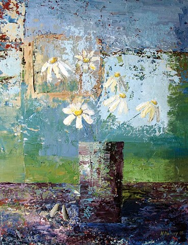 contemporary still life flowers oil painting, blue and green