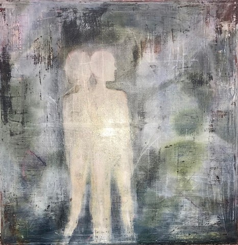 Muted grays, greens, and blue Oil on canvas with texture and two people