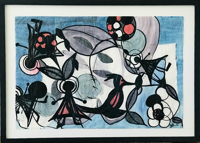 Acrylic and Ink on Glassine paper with muted lilac, blue, pink and black shapes
