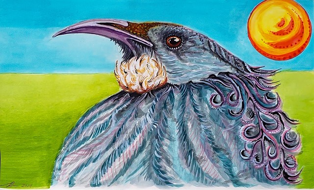 NZ Tui painting, avian artwork, bird art, acrylic painting birds, endangered birds