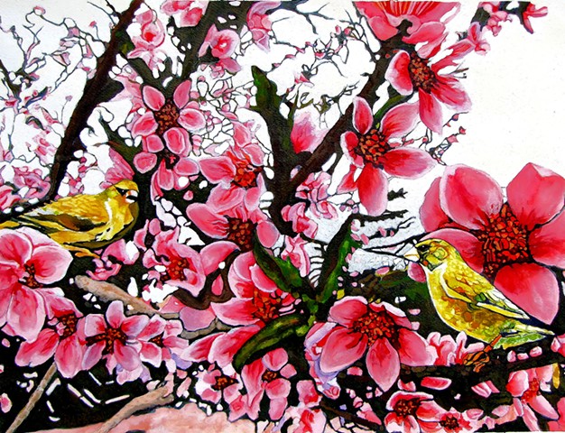 Cherry Blossom, Japan, Gold Finches, Finches, Birds, Spring, Flower, Pink, Beautiful, Colorful