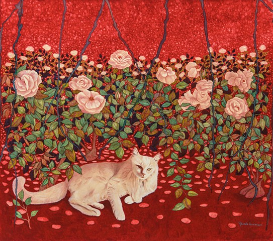 Cat, roses, red, colorful, beautiful