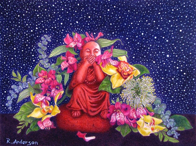 Buddha, Speak No Evil, Colorful, Flowers, Orchids, Peaceful, Beautiful