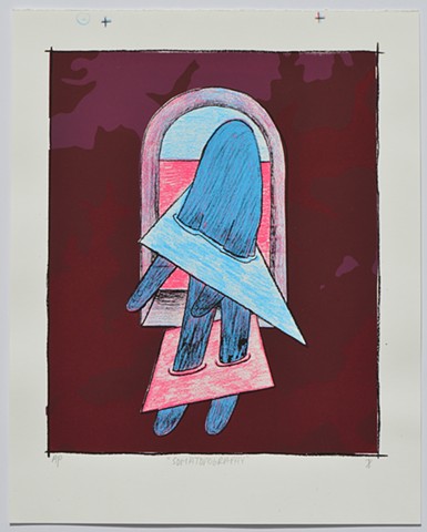 a blue and pink figure bisected by two angled planes is positioned in front of an archway. the archway and the figure are surrounded by a topographical map printed in dark reds