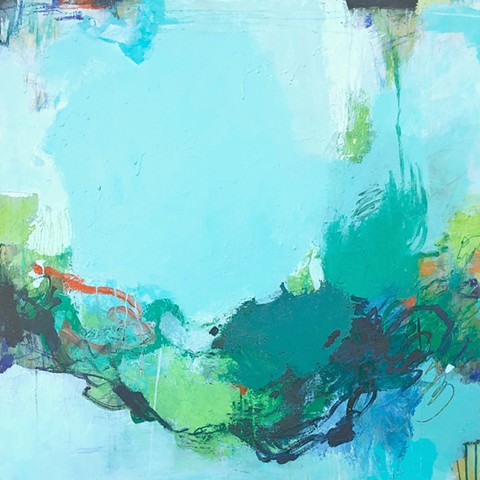 Blues and green tones with an orange accent acrylic paint and mixed media abstract art piece
