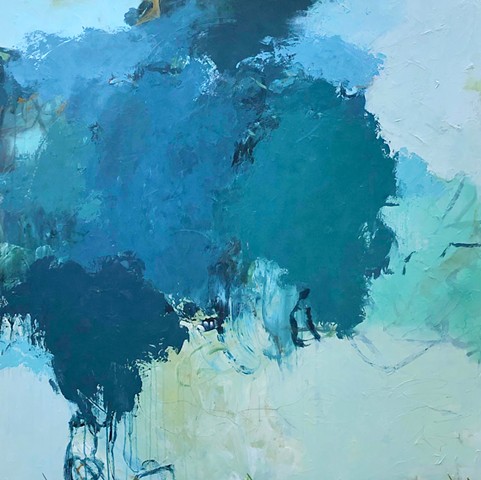 Blue and green acrylic large abstract painting with mark making and texture