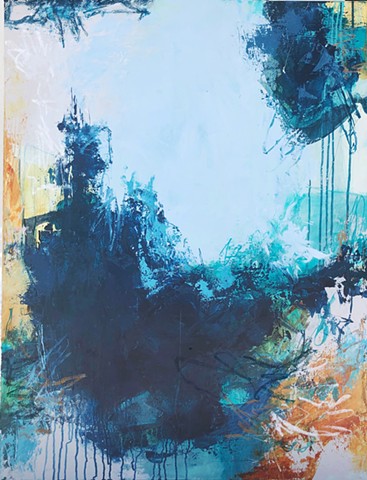 Blue, warm and cool abstract painting on gallery wrapped canvas