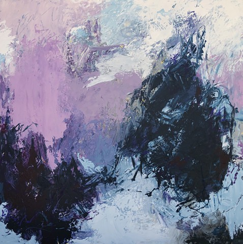 Navy blue, purple, and gray large scale abstract art piece acrylic paint and mixed media