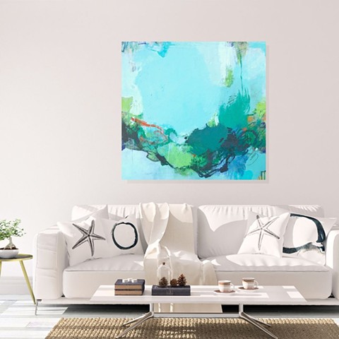 Turquoise and soft blue acrylic and mixed media abstract art piece on canvas in a beachy living room