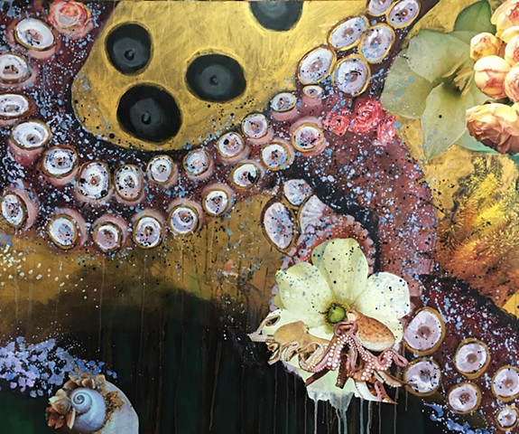 octopus, tentacles, flowers, gold leaf