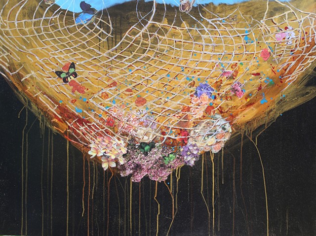 nets, gold leaf, butterflies, collage