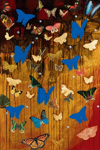 butterflies, silkscreen,collage, pearls