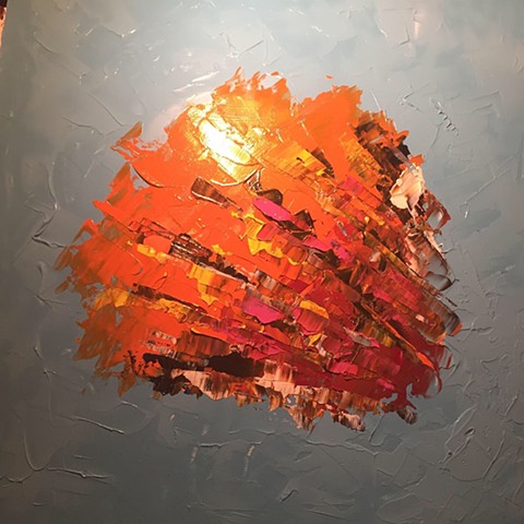 The Maniac - 24x24 Acrylic abstract painting on woodboard done with pallet knife - bright orange color - this is my brain on Trump