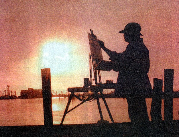Carol Koutnik 1999 at dawn by Rockport Harbor, TX.. Front Page of the arts section in the Corpus Christi Caller Times.