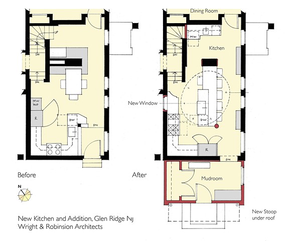 BEFORE/AFTER PLANS  New Kitchen with Mudroom Addition, 
Hillcrest Residence 2, 
Glen Ridge NJ Historic District