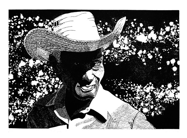 Woodcut printmaking with Cuban old black man with hat represents experience in life future hope intense look by Aramis Justiz