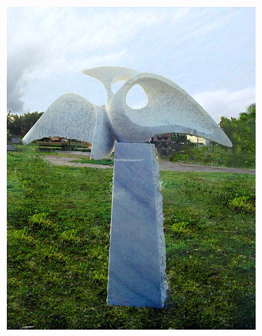 Cuban marble sculpture symposium Brazil hand carving bird flight freedom public art  decoration by Aramis Justiz