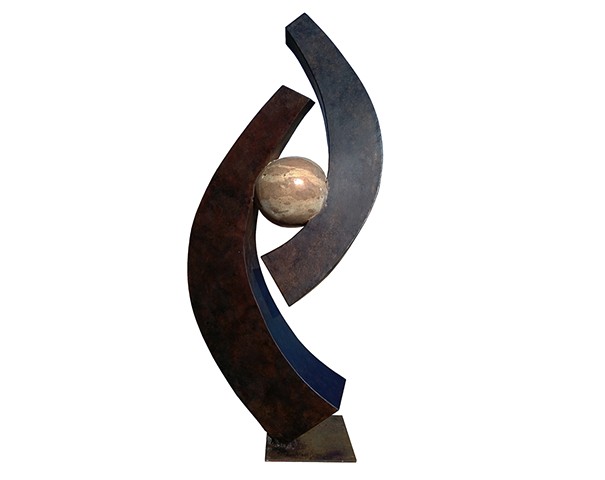 Cuban Steel stone Sculpture represents zen opposing forms dancing  create a round element flowing forms clean geometric lines by Aramis Justiz