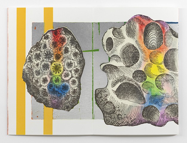 *EL PRISMA EN TUS MANOS* is a twenty-two color lithograph with aluminum leaf and chine collé. It was printed by hand from fifteen aluminum plates made from mylars drawn by Dianna Frid using brushes, acrylic paint, crayon, and photocopies. The lithographic