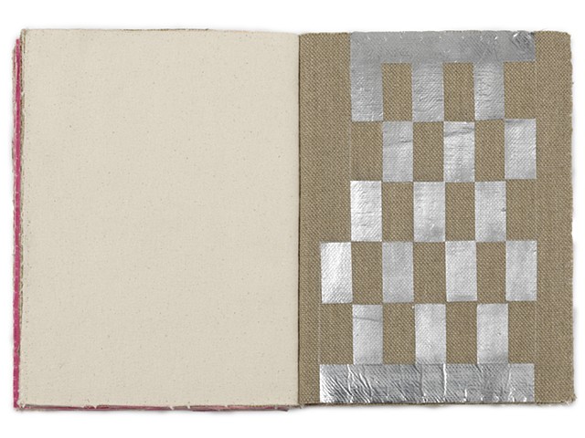 A one of a kind artist's book by Dianna Frid, made with cloth and thread. It explores the relationship between the structure of the page and the loom as a way to connect text and textile at their etymological root. 