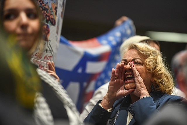 A member of the audience yells in support of Israel amidst heightened tension at a city council meeting where the Israeli-Palestinian conflict was discussed in Knoxville, Tuesday, Nov. 28, 2023. 