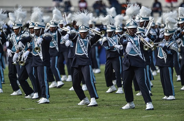 The Jackson State Sonic Boom marching band performs during halftime at their homecoming NCAA college football game against Campbell in Jackson, Miss., Saturday, October 22, 2022.