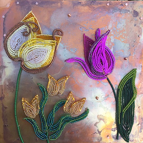 beaded flower spring tulips on copper 