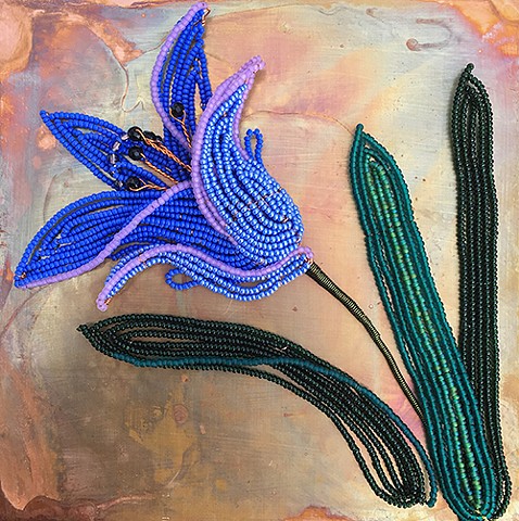 beaded flower blue lily on copper 