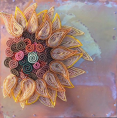 beaded flower sunflower on copper 