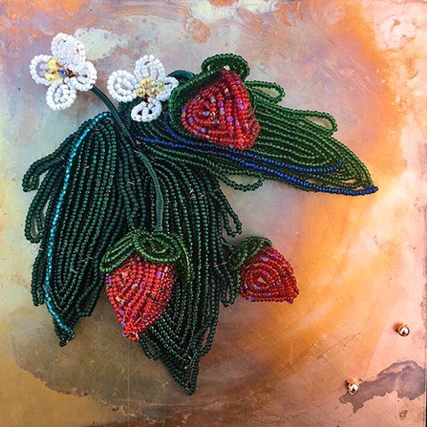 beaded flower strawberries on copper 