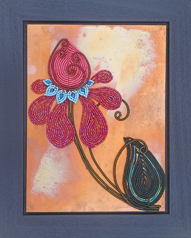 beaded flower iris on copper 
