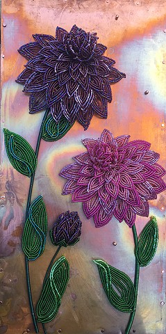 beaded flower dahlias on copper 