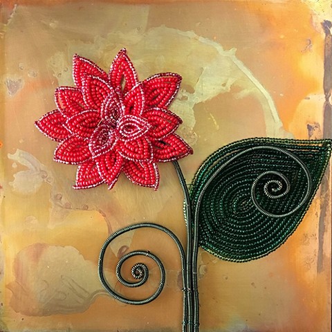 beaded flower red dahila on copper 