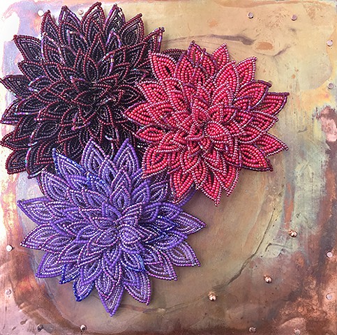 beaded flower mums on copper 