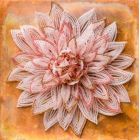 beaded flower pink dahlia on copper 