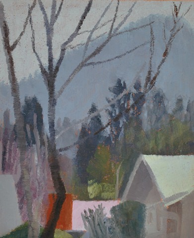 a landscape painting of trees, bare branches, hillside and suburban rooftops