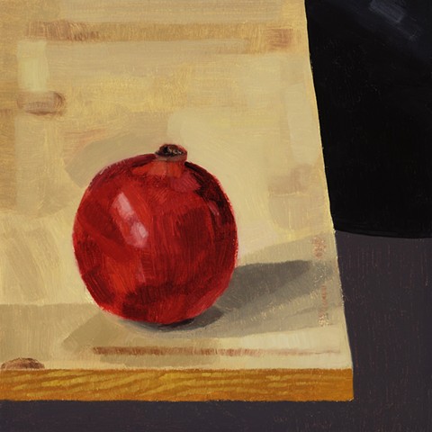 A still life painting of a pomegranate on a table