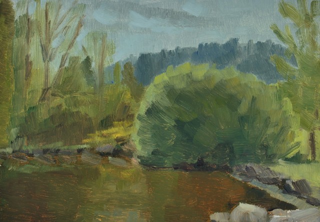 A landscape painting of trees around a small pond