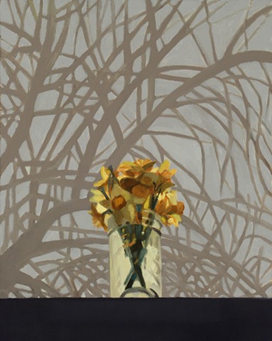 A still life painting of daffodils on a window ledge with branches behind