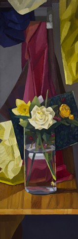 A still life painting of a floral arrangement on a table with various clothes