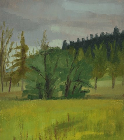 A landscape painting of a stand of trees in a field in the spring - Oregon country side
