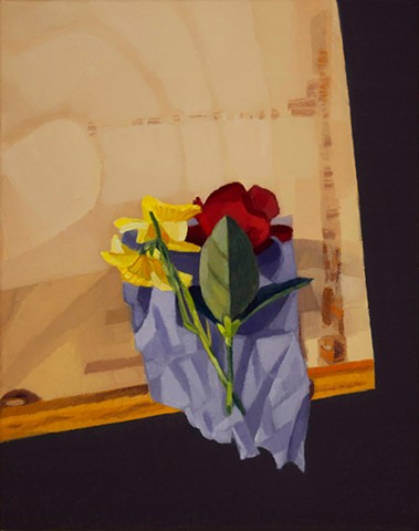a still life painting of a red rose and daffodil on a purple cloth on wooden table