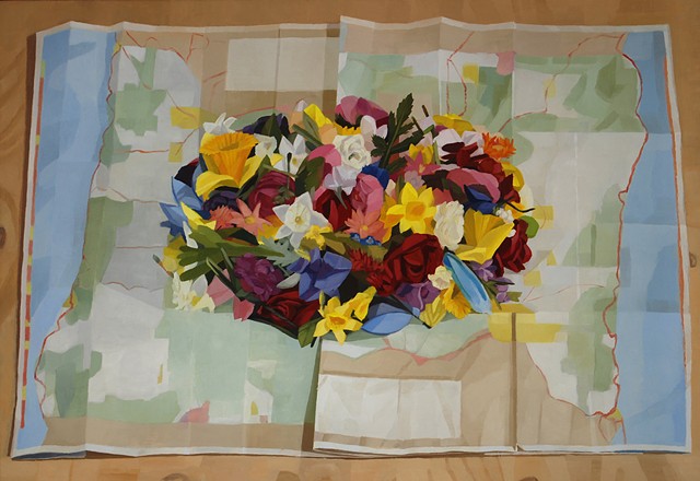 A painting of a pile of flowers on a map of Oregon