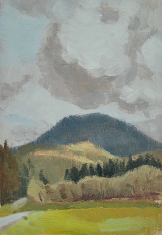 A landscape painting of a hillside, ridge of trees and large cloud overhead