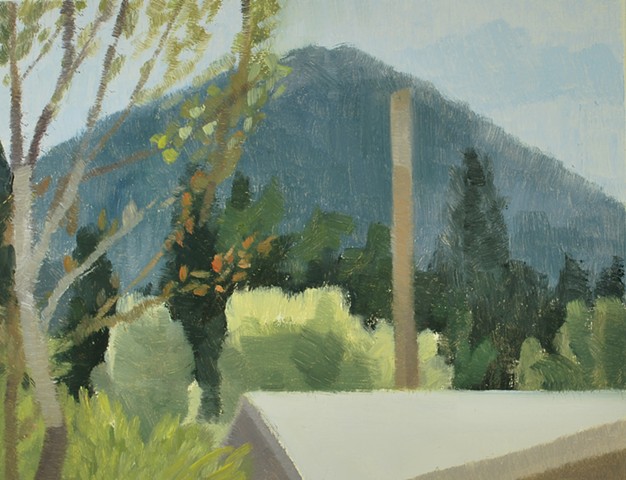 A landscape painting of neighborhood rooftops and trees with butte