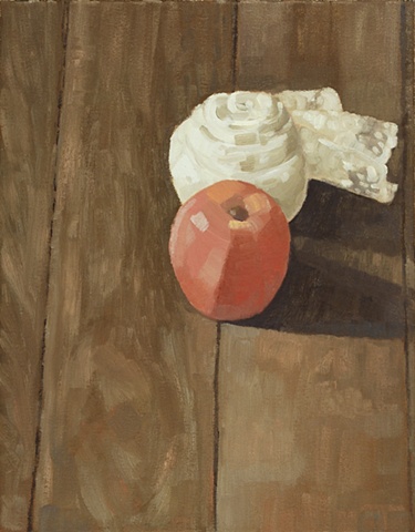 A still life painting of an apple and ball of lace on a wood floor