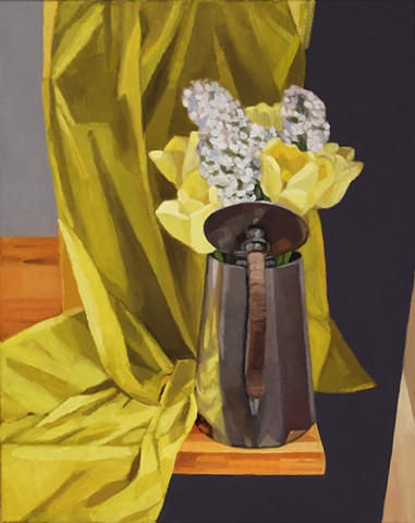 A still life painting of yellow tulips and lilacs in a metal canister on a table