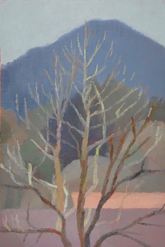 a landscape painting of neighborhood rooftops with trees and bare branches