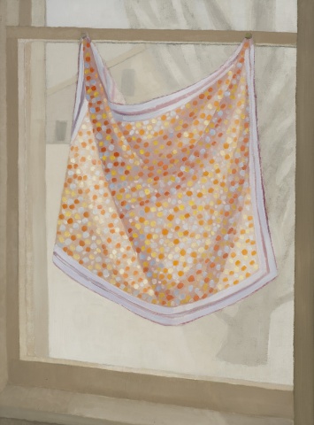 A still life painting of a silk polka dot cloth hanging in a window