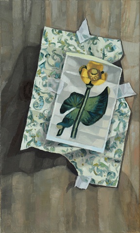 A still life painting of a piece of paper taped to a wooden board